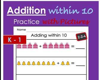 Addition dans les 10 pratiques avec des images, feuille de travail d'addition, addition imprimable, mathématiques de maternelle, mathématiques de première année, mathématiques d'image