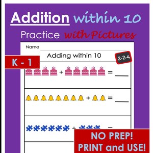Addition within 10 Practice with Pictures, Addition Worksheet, Addition Printable, Kindergarten Math, First Grade Math, Picture Math