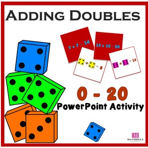 May include: A colourful PowerPoint activity for learning to add doubles. The activity features images of dice with different numbers of dots, along with equations showing the sums of doubles. The title of the activity is "Adding Doubles 0-20 PowerPoint Activity".
