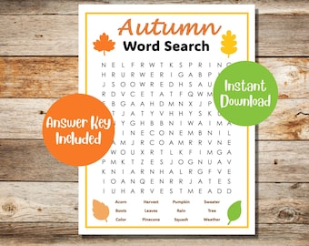 Mots clés automne/automne imprimables avec réponses | Jeu de Recherche de Mots pour Thanksgiving | Jeux à imprimer pour Thanksgiving | Jeu amusant pour le jour de Thanksgiving