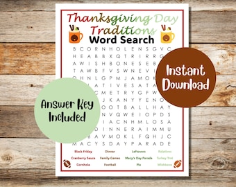 Recherche de mots imprimable pour Thanksgiving avec réponses | Jeu de recherche de mots de Thanksgiving | Jeux imprimables de Thanksgiving | Traditions du jour de Thanksgiving