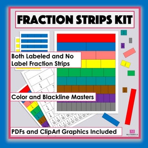 Printable Fraction Strips Kit, Fraction Tiles, Fraction Bars, Math Manipulatives, Digital Download, Elementary Math, Clipart