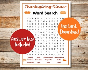 Recherche de mots imprimable pour Thanksgiving avec réponses | Dîner de Thanksgiving | Casse-tête | Jeu de recherche de mots de Thanksgiving | Jeu de Thanksgiving