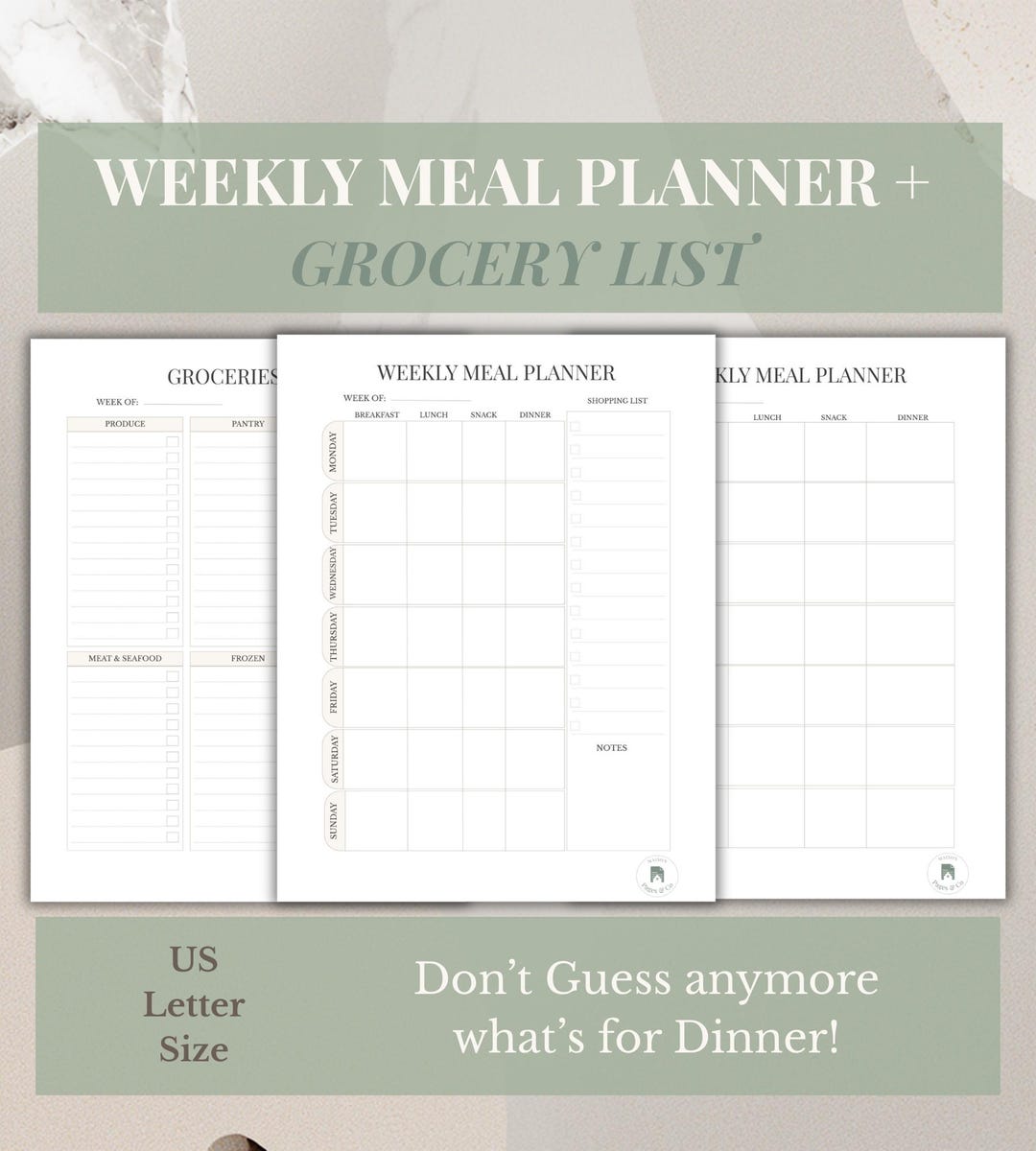 Printable Meal Planner & Grocery List Bundle | Weekly Menu Planner PDF ...