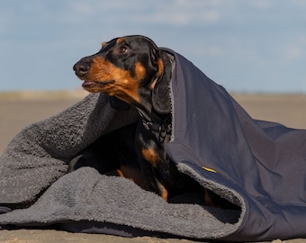 Hundeschlafsack Softshell Antrazith mit Frottée Dunkelgrau Reißverschluss in Wunschfarbe (Modell WILLI) Reisebett Plüschbüddel für Haustiere