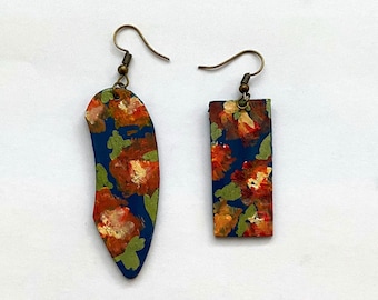 Hand Painted Tropical Floral Earrings | Recycled Wood Flower Painted Jewelry | Funky Hawaii Earrings | One of a Kind Gift