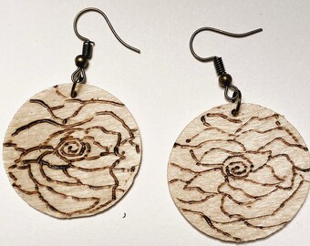 Rose Wood Burned Earrings | Delicate Flower Wooden Earrings | Cottagecore Gift Idea