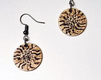 Sunburst Wood Burned Earrings | Handmade Wooden Sun Jewelry | Natural Wood | One of a Kind Gift