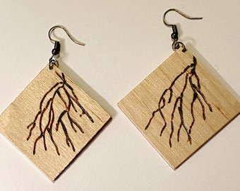 Plant Roots Wood Burned Earrings | Handmade Wooden Jewelry | Plant Lover Gift for Her/ Cosplay