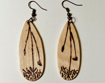 Dandelion Wood Burned Earrings | Floral Pyrography Jewelry | Surfboard Earrings | Eco Conscious Gift for Her