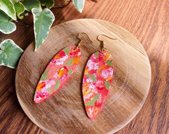 Floral Hand-Painted Earrings | Red Pink Handmade Wooden Jewelry | Eco Friendly Mother's Day Gift for Mom