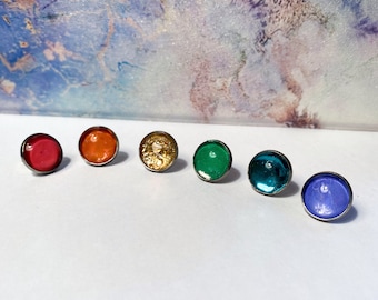 Colorful Upcycled Stud Earrings | Recycled Plastic Jewelry | Jewel Tone Color Block Glass Jewelry | Eco Friendly Gifts