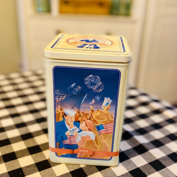 Vintage Cracker Jack Tin, Re, White and Blue Vintage Cracker Jack Can