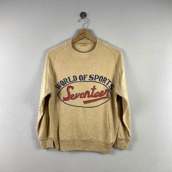 Vintage 70s World of Sports Seventeen Design Casual Style Menswear  Sportswear American Sweater Outfits Sweatshirt Crewneck Brown Small 