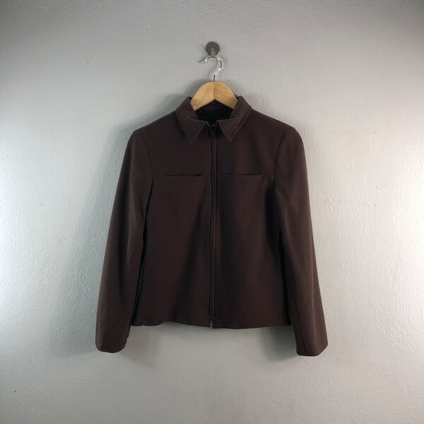 Vintage des années 90 Calvin Klein laine tenues décontractées mode légère femmes style design veste coupe-vent à glissière complète marron petite taille