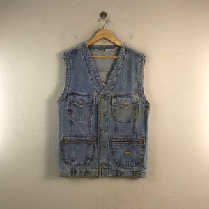 Vintage des années 90 Ativofixo Mutlipocket Denim Style marque Rugged Jeans Tracey Menswear Workwear Outfits Veste sans manches Fashiob Vest bleu moyen