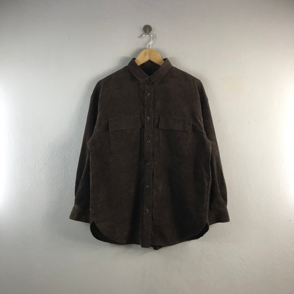 Vintage 1990s Japanese Brand Corduroy GU Oversized Style Casual Outfits Works Fashion Shirt Streetwear oxford buttondown Brown Medium