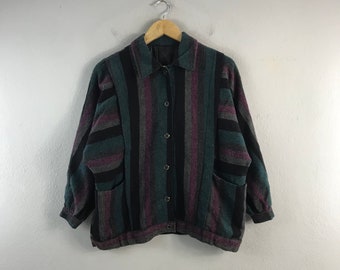 Vintage 1990s Wool Striped Womens Japanese brand Retro Light Outfits Casual Multicolour Fashion Bombers windbreaker jacket Green Medium