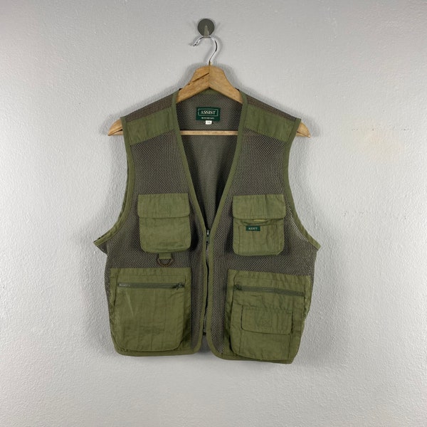 Vintage Assist Japanese Brand Mulipocket Cargo Outdoor style Design Tracey Streetwear casual army tank Vest sleeveless jacket green medium