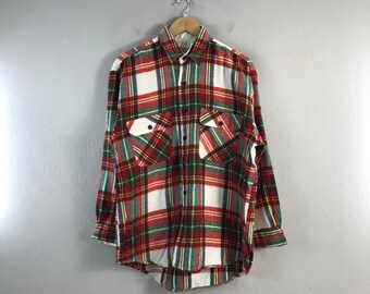 Vintage Garissn Checkered Tartan Wool style Casual Menswear Workwear Japanese Brand Outfits Shirt Flannel oxford buttondown red large