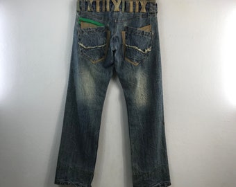 Vintage Normanbros Doppel Taille Stil Distressed Faded Design Street Style Japanische Markenmode Jeans Hose Hose Blau W34L32