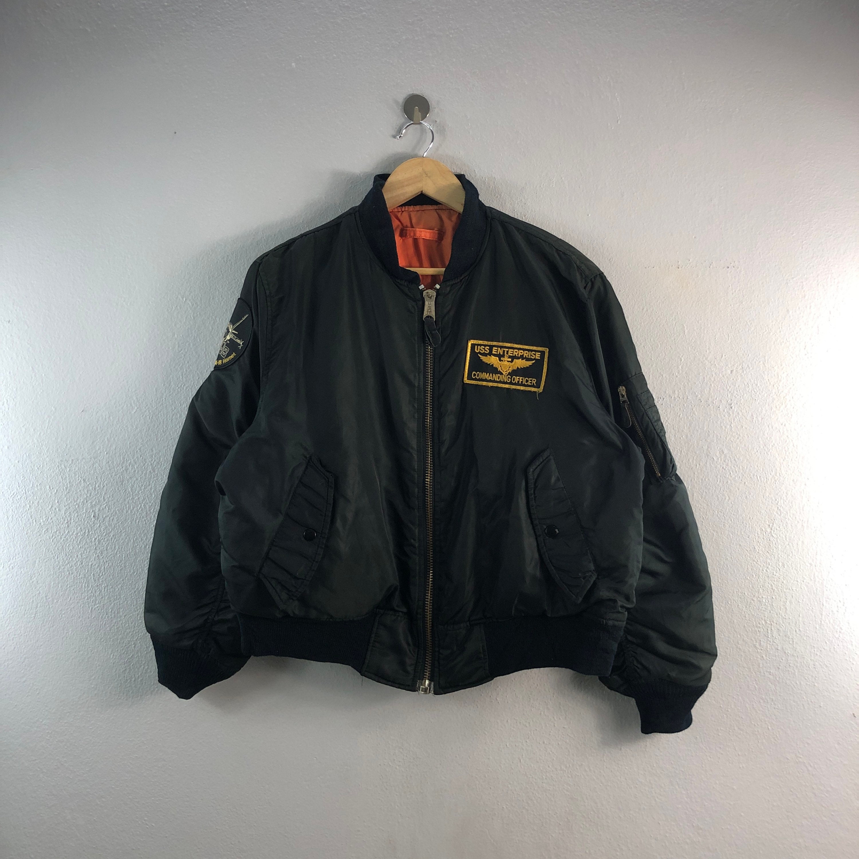 Vintage MA-1 Uss Enterprise Commanding Flying Flight Airforce FA-18 Hornet  Military Patches style Outfits Bombers windbreaker jacket Black