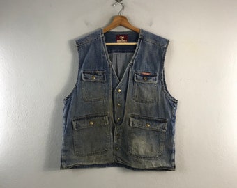 Vintage Forecast Multipocket Denim Style Casual Menswear Workwear Jeans Japanese Brand Outfits Fashion Vest sleeveless jacket Blue large