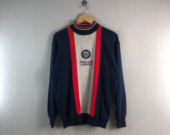 Vintage 90s Enrico Cover Bandiera Logotipo bordado colorblock Diseño Casual Ropa masculina Estilo Jumper sudadera cuello redondo Azul Medio