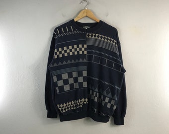 Vintage North Field Checkered Abstract Design Casual Style Japanese Brand Menswear Outfits Fashion Sweater sweatshirt crewneck Blue Large