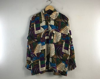 Vintage 90s Ferini Silk Abstract art baroque psychedelic style Menswear Brand design Outfits fashion shirt oxford buttondown purple large