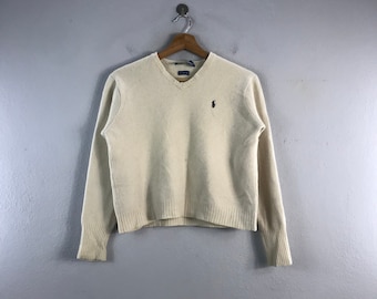 Vintage Polo Ralph Lauren Small Pony Womens Jumper Knitwear Casual Lambwool Outfits Fashion Vneck Sweater sweatshirt crewneck White Large