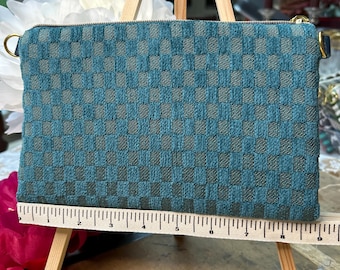Teal Checkerboard Designer Fabric Handmade UPcycled Clutch 38