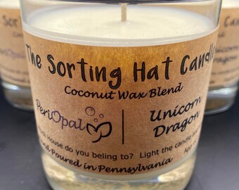 Sorting Hat Candles - 8oz - Coconut Wax Blend - Unicorn Dragon - Harry Potter - Hogwarts - Ravenclaw - Slytherin - Gryffindor - Hufflepuff