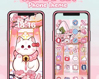 iOS & Android Phone Theme and App Icons | Soft Pink Sakura Cat | Soft Cute Kawaii Wallpapers and Widgets | Phone theme | Phone wallpaper