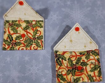 Fabric Money/Gift Card Envelopes  - Christmas Holly, Gold Stars - Set of 2 - Handmade & Reusable