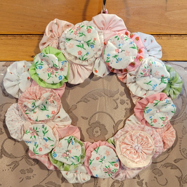 Boho Shabby Chic Wreath - Upcycled Fabric "Yo-Yo" Rosettes - Pink, Green & White - Bead Accents