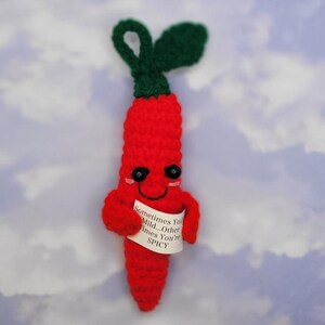Pode incluir: Um pimentão vermelho de crochê feito à mão com uma haste e folhas verdes. O pimentão tem um rosto sorridente e segura uma placa que diz "Sometimes You Mild...Other times You're SPICY."