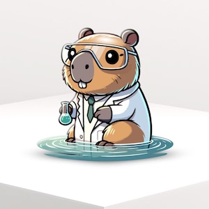 May include: A cartoon illustration of a capybara wearing safety goggles and a lab coat, holding a beaker. The capybara is depicted in water, with a white background.