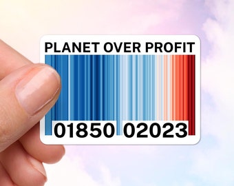 May include: A white card with the text "Planet Over Profit" and a barcode with blue, white, and red stripes. The barcode has the numbers "01850 02023" printed below it.