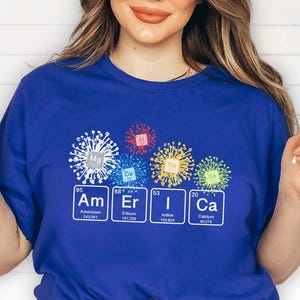 Fireworks Chemistry Shirt, 4th of July Tee, America Spelled with the Periodic Table of the Elements, Great for STEM and Science Teachers