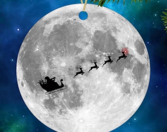 Personalized Moon Ornament with Santa and Reindeer, Christmas Ornaments, Moon Ornament, Space Ornament, Science Teacher Gifts, Science Gifts