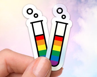 Gay Pride Test Tube Stickers, LGBTQ Stickers, Queer Science Stickers, Holographic or Glossy Vinyl, Stick on a Water Bottle, Notebook, Laptop