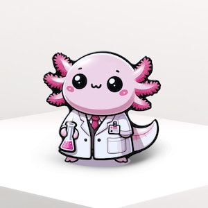 May include: A pink axolotl wearing a white lab coat and holding a beaker. The axolotl has a pink and white tie and a name tag that says "Dr. Axolotl".