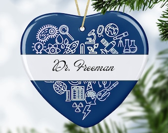 Ornement de coeur scientifique personnalisé - Bleu, idéal pour les professeurs de sciences, les scientifiques, les communicateurs scientifiques, les techniciens de laboratoire et les médecins