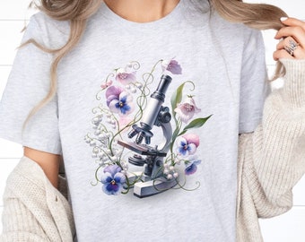 Science in Bloom, Microscope with Pansies Shirt, Gift for a Science Teacher, Microbiologist, Botanist, Scientist, Biologist, Women in STEM