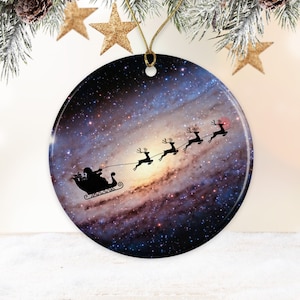Personalized Galaxy Ornament with Santa and Reindeer, Christmas Ornaments, Space Ornaments, Personalized Ornaments, Science Teacher Gifts