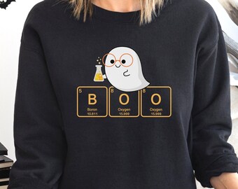 Cute Science Halloween Sweatshirt, Ghost Scientist with Periodic Table of Elements that Spell BOO, Science Teacher Gifts, Nerdy Gifts