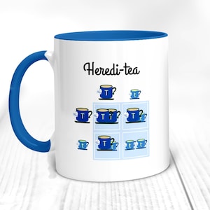 May include: White ceramic mug with a blue rim and handle. The mug features a punny design that says "Heredi-tea" and a grid of blue teacups with tea bags.