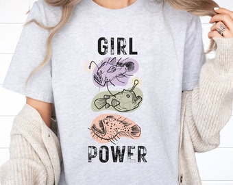 Chemise Girl Power Angler Fish, t-shirt féministe drôle, excellent cadeau pour les femmes dans les domaines des tiges, des stéministes, des professeurs de sciences, des biologistes marins, des scientifiques