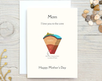 Mother's Day Card - I Love You To The Core, Geology Science Greeting Card, Funny Card For Mom, 5 x 7 inch Card Includes Envelope